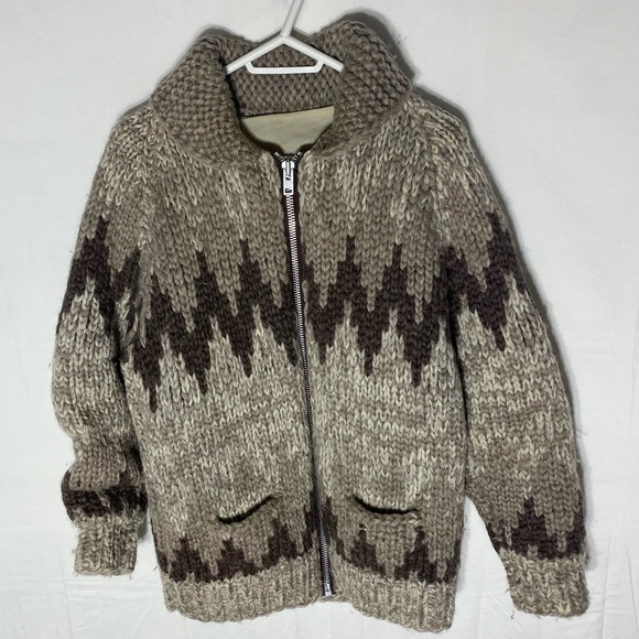 Vintage Handmade Brown Chevron Pattern Cowichan Sweater Zip Front Cardigan S - Picture 16 of 16